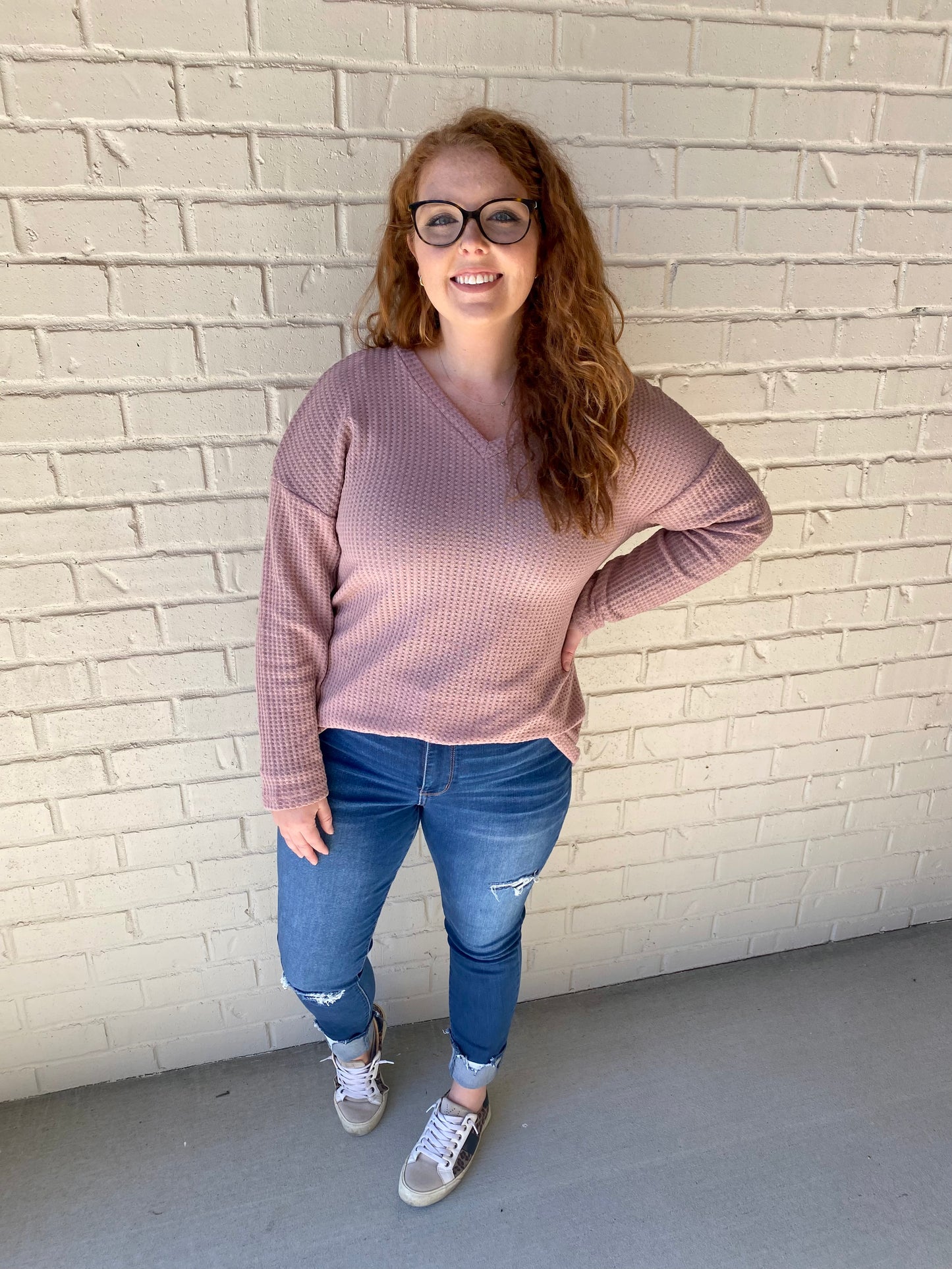 Mauve Waffle Long Sleeve V-Neck Shirt