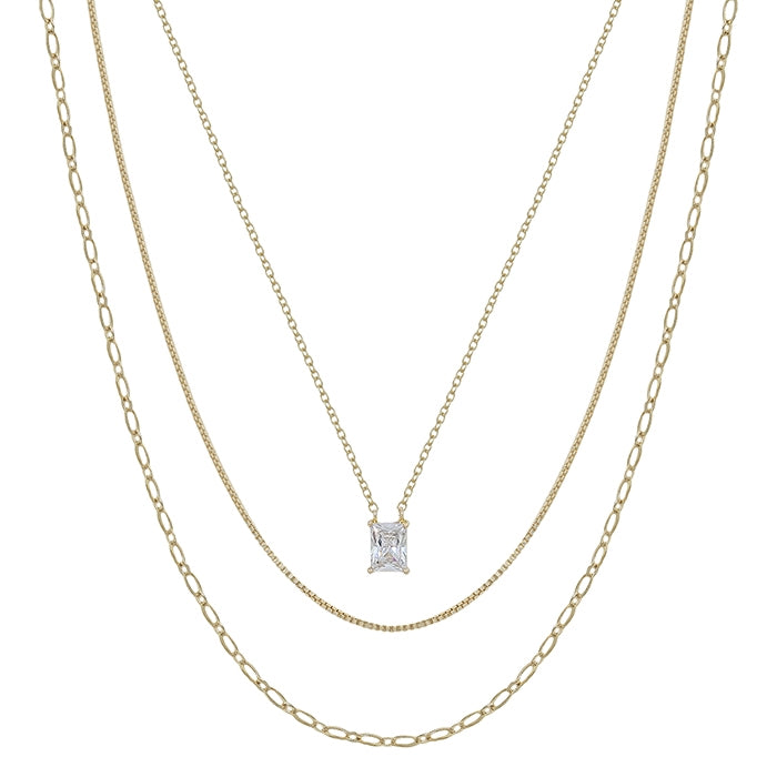 3 Layered Gold Necklace with Square Crystal Pendent