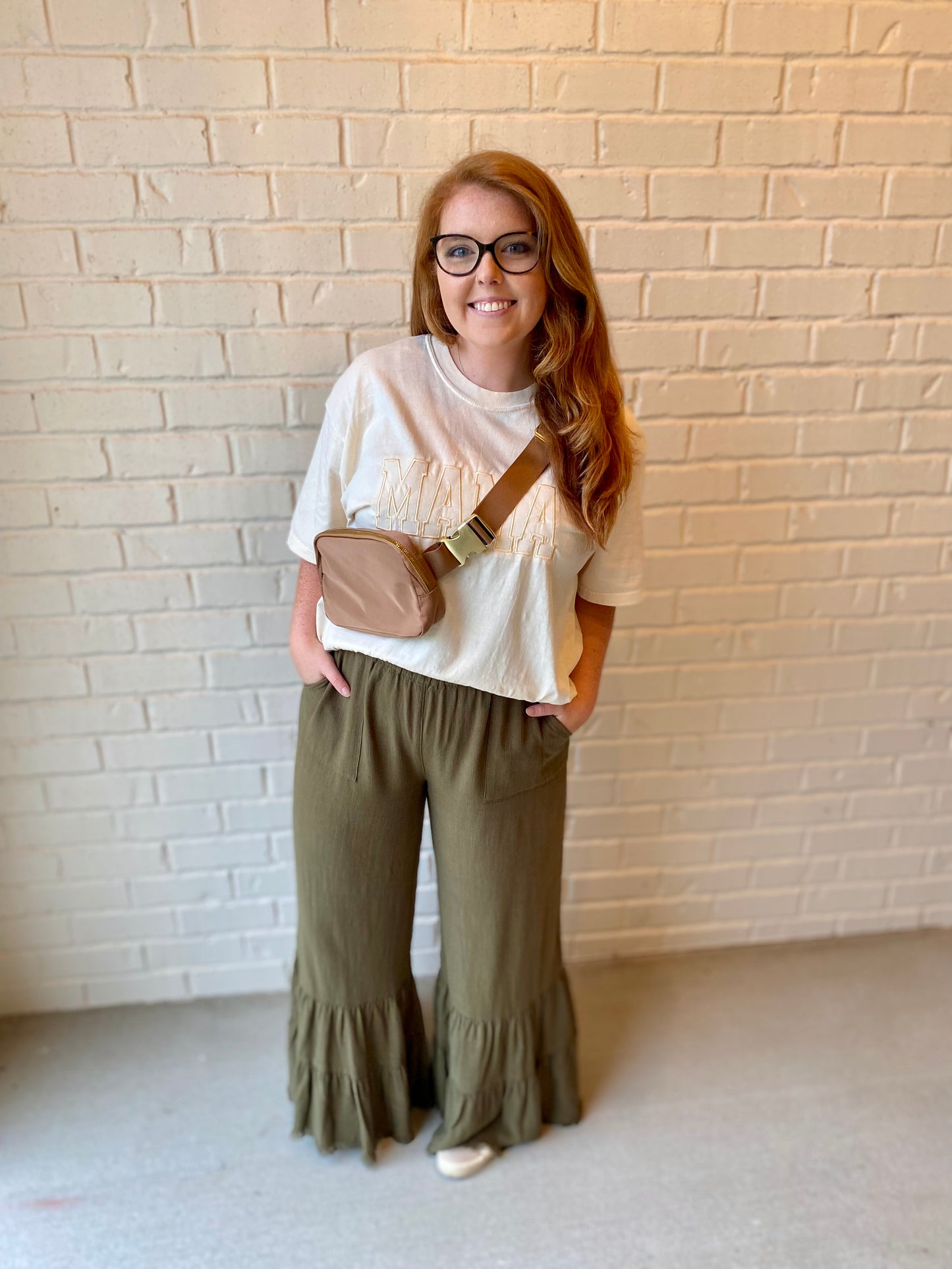 Olive Green Linen Tiered Pants