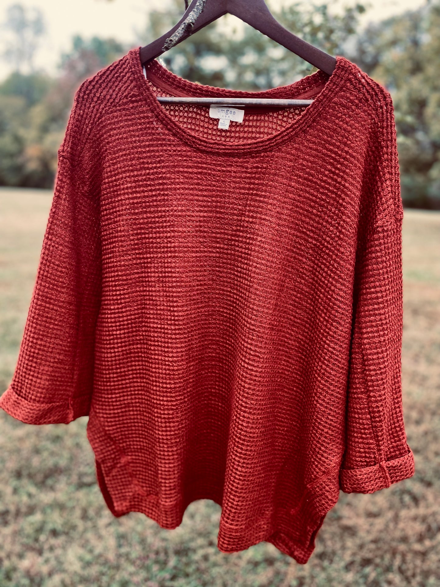 Waffle Knit 3/4 Rolled Sleeve Sweater