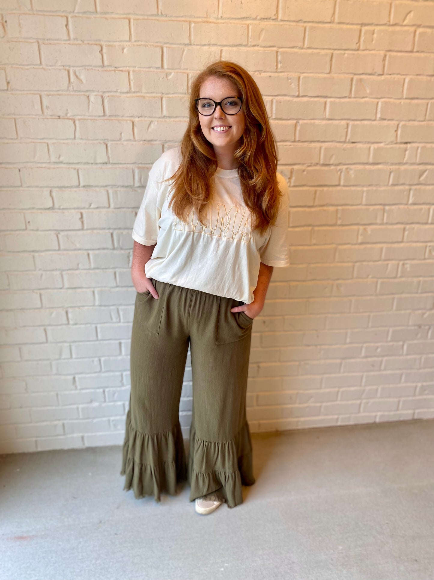 Olive Green Linen Tiered Pants