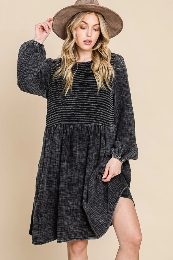 Boho Pintuck Distressed Black Dress