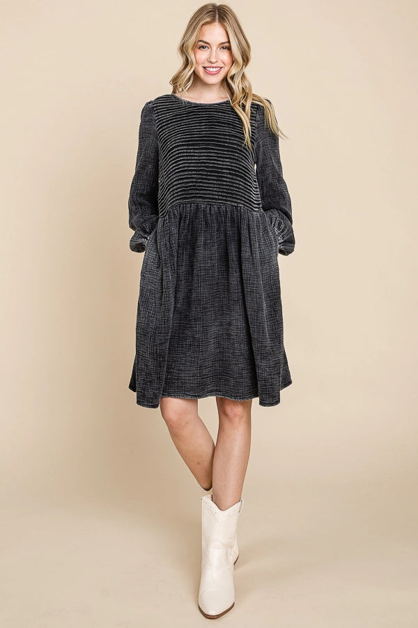 Boho Pintuck Distressed Black Dress