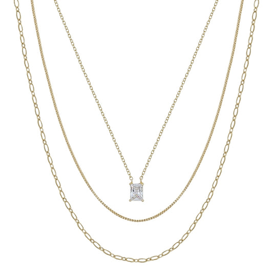 3 Layered Gold Necklace with Square Crystal Pendent